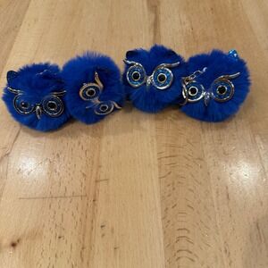 Set of 4 Blue Faux Fur Owl Charms with Rhinestone Eyes Keychain